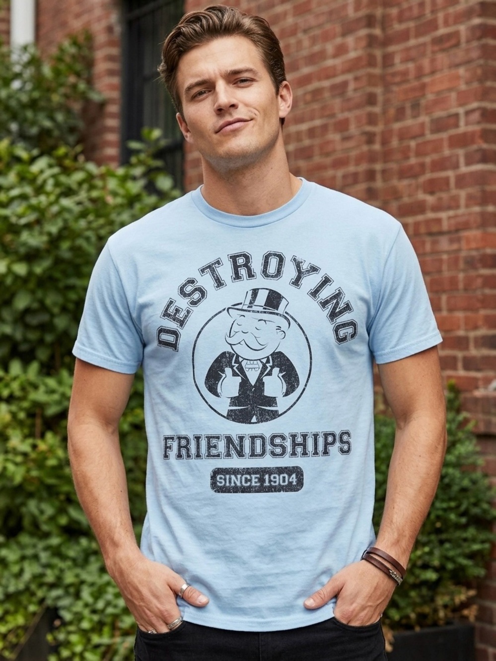 Light Blue Monopoly Graphic Tee - Casual Short Sleeve